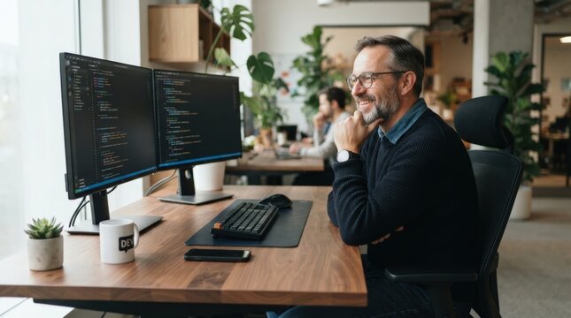 Smiling male programmer coding on dual screens in bright, collaborative workspace ideal for tech marketing, software ads, and professional team imagery
