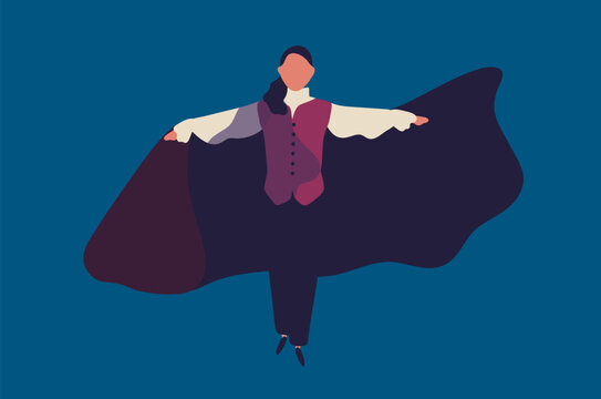 Vampire, dracula character in Halloween costume, bat cape. Scary vampire character in Halloween cape. Spooky elegant dracula aristocrat in classic suit. Flat vector illustration