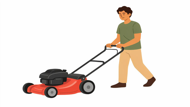 A flat vector illustration of a man with brown hair wearing a green t-shirt and tan pants, pushing a red and black lawnmower on a white background