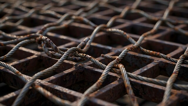 Close Up Industrial Texture of Heavy Duty Wire Mesh Intertwined Over Rusted Steel Grates
