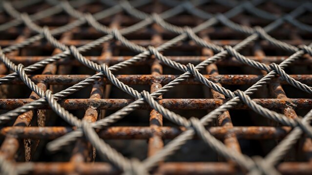 Close Up Industrial Texture of Heavy Duty Wire Mesh Intertwined Over Rusted Steel Grates
