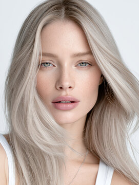 Young woman with long platinum blonde hair, fair skin, blue eyes, natural makeup, and soft expression, wearing white top, studio portrait