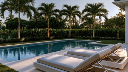 Naklejka premium Modern villa garden with swimming pool palm tree sun loungers tropical landscape outdoor relaxation luxury summer sunlight