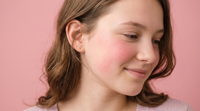 Portrait of charming young girl smiling with natural rosy flushed cheeks