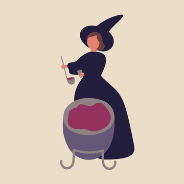 Witch at Halloween cauldron, brews magic soup. Witch brewing magic potion in Halloween caldron. Woman in hat and dress, cooking poison in cauldron for witchcraft, spell. Flat vector illustration