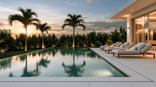Modern villa garden with swimming pool, palm tree, outdoor lounge chair, sunset sky, luxury relaxation, tropical landscape, serene atmosphere