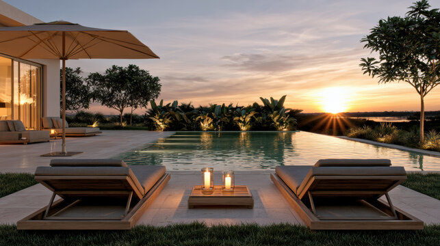 Modern villa garden pool sunset, outdoor lounge chair, luxury relaxation, tropical plant, tranquil water reflection