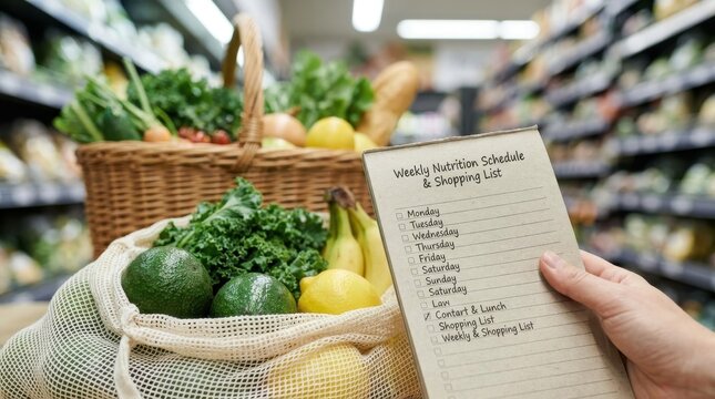 Wellness planning nutrition schedule for healthy grocery selection and meal prep