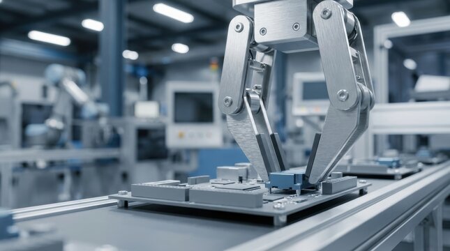 Automated manufacturing with robotic arms assembling products on a modern production line