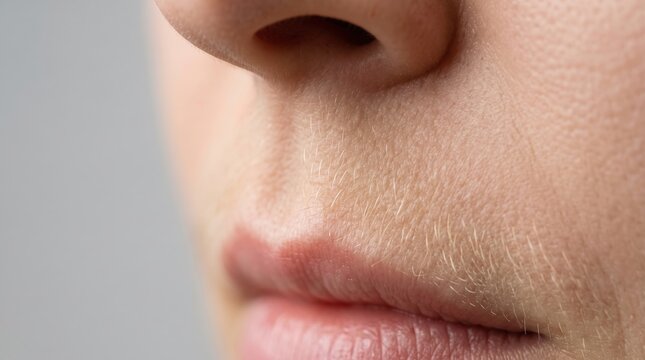 Macro close up of upper lip area showing soft blonde vellus hair and natural skin