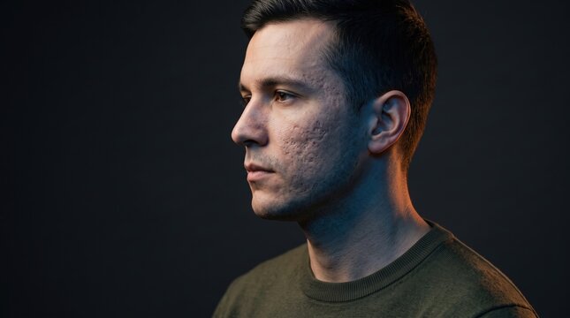 Profile portrait of young man with deep atrophic pitted acne scars on cheek