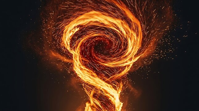 A vibrant swirling vortex of bright orange flames rising against a dark and moody black background