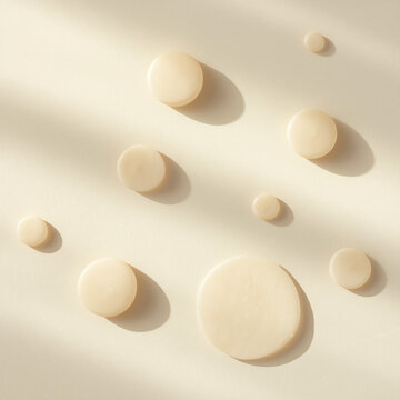 A close-up view of various cream-colored makeup or skincare product samples arranged on a smooth surface with natural light casting shadows.