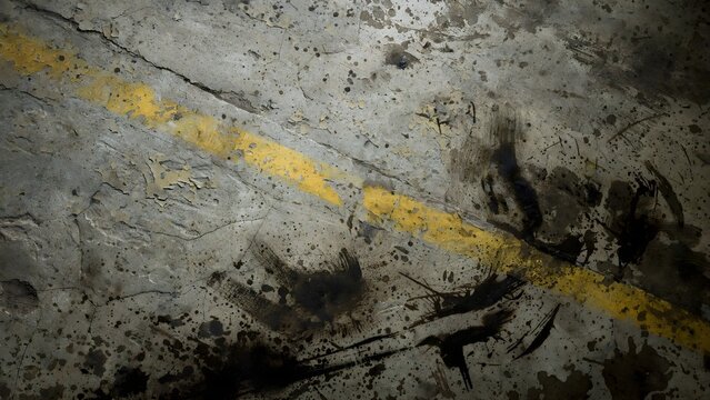 Old Factory Floor Texture with Weathered Peeling Epoxy Over Rough Cement, Faded Yellow Safety Lines, and Dark Grease Stains