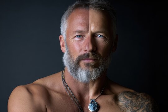 Portrait of a bearded man showcasing half of his face against a dark background