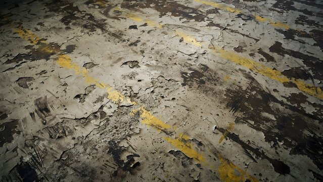 Old Factory Floor Texture with Weathered Peeling Epoxy Over Rough Cement, Faded Yellow Safety Lines, and Dark Grease Stains