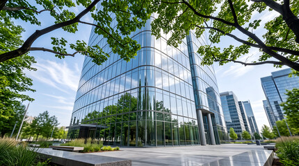 Fototapeta premium Modern Glass Skyscraper Office Building Framed by Green Tree Branches in Business District