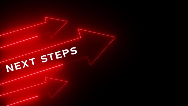 Glowing red neon arrows pointing forward with bold STEPS text on dark black background, representing direction, progress, movement, guidance