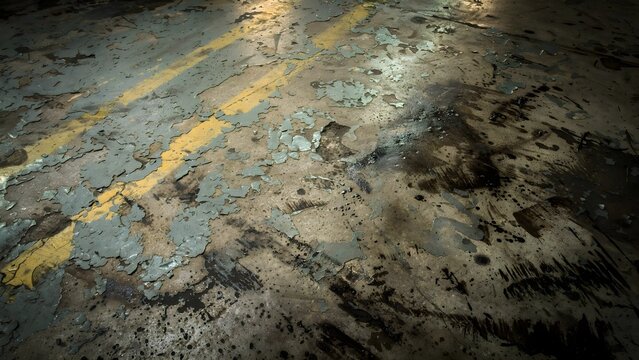 Old Factory Floor Texture with Weathered Peeling Epoxy Over Rough Cement, Faded Yellow Safety Lines, and Dark Grease Stains