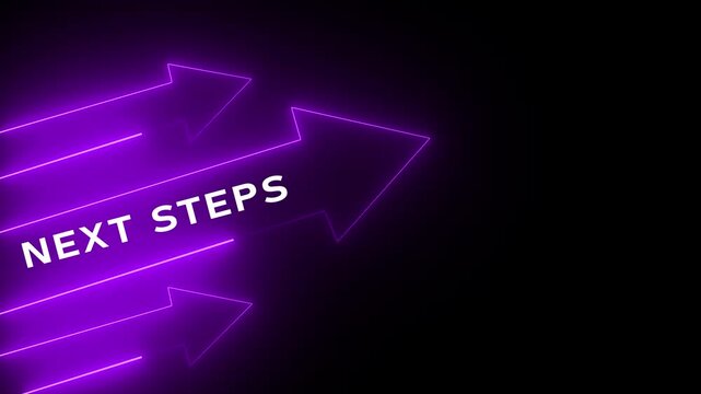 Glowing violet neon arrows pointing forward with bold STEPS text on dark black background, representing direction, progress, movement, guidance