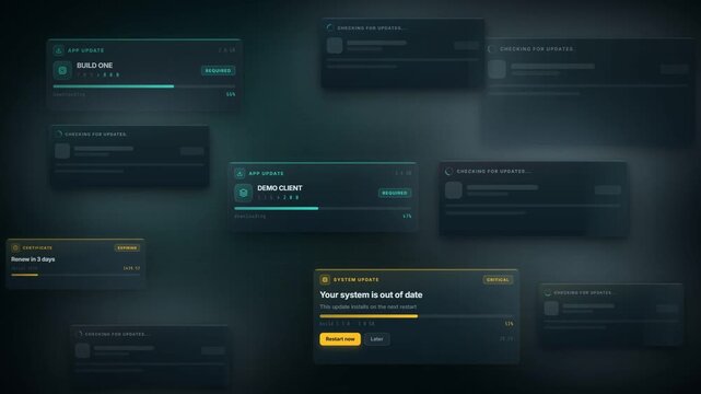 Software update notifications stacking on dark screen with critical patch and update alerts