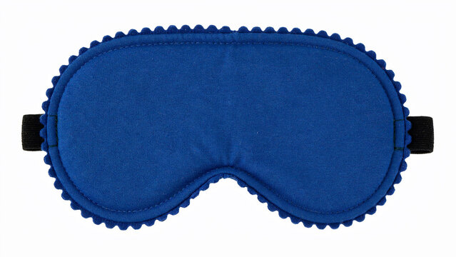 A top-down studio photograph of a bright blue sleep mask with a scalloped edge and black elastic strap on a white background
