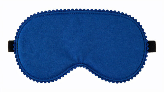 A top-down studio photograph of a bright blue sleep mask with a scalloped edge and black elastic strap on a white background