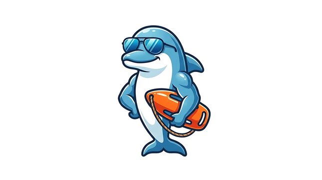 Cartoon dolphin lifeguard character with sunglasses.
