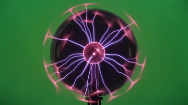Close Up Plasma Globe With Purple Electric Filaments Against Green Screen