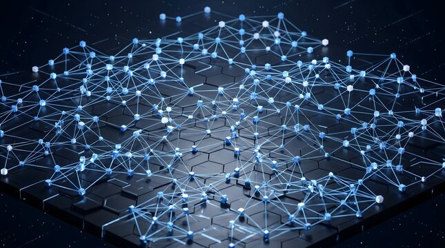 Isometric 3D view of a decentralized network showing endpoint neurola
