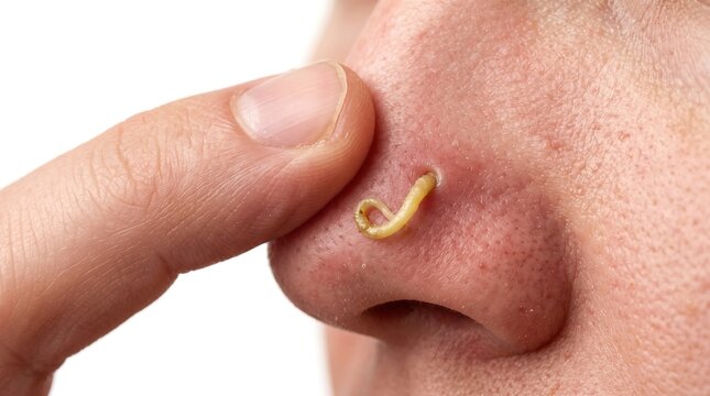 Macro shot of hand squeezing long pus filament from inflamed nose pore