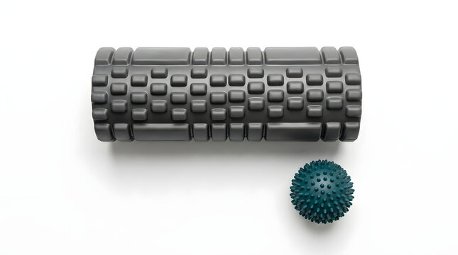 Black foam roller and massage ball for muscle recovery and fitness exercise