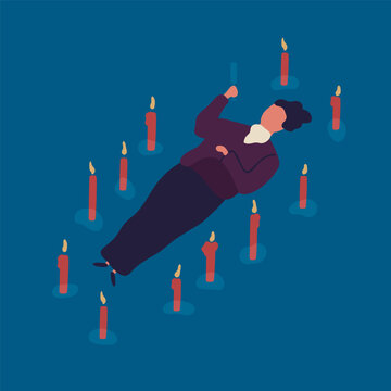 Esoteric ritual with candles, Halloween magic fantasy. Paranormal levitation ritual. Mystical magic occult seance for Halloween. Esoteric fantasy, undead levitation ceremony. Flat vector illustration