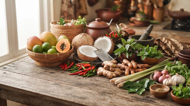 Fresh Indonesian Tropical Market Ingredients with Fruits and Spices