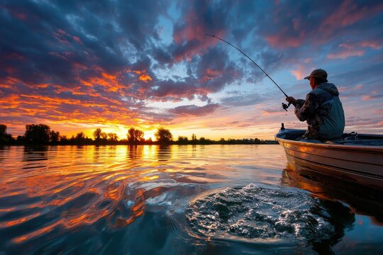 Fishing at sunset from a boat