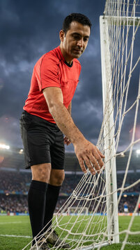 Match official checks goal net before football game in crowded stadium. Concept of safety inspection, preparation and referee responsibilities.