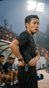 Focused referee stands beside team benches during stadium football game. Concept of match control, fitness and professional sports officiating.