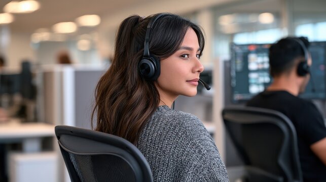A young woman with a headset works attentively at a modern call center, surrounded by colleagues and computer screens.