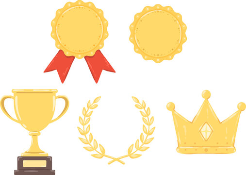 Golden trophy medal crown and laurel wreath award collection