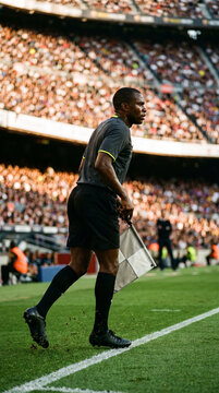Assistant referee runs along touchline with flag during football game. Concept of offside control, teamwork and professional match officiating.