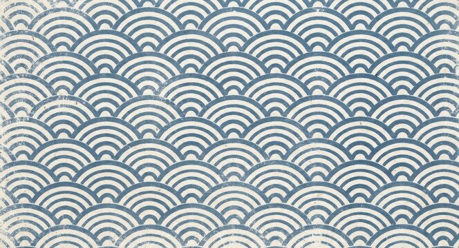 Traditional japanese seigaiha wave pattern background in blue and white with a textured paper effect