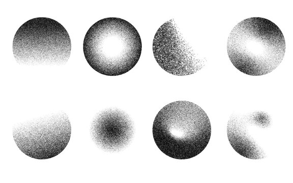 Stipple dot grain sphere texture set circle gradient shading noise effect vector illustration