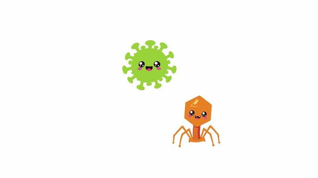 Cute cartoon virus and bacteriophage icons floating on white