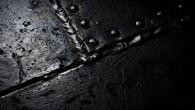 Heavy Dark Steel Plate Texture Close Up with Raised Weld Seams, Dome Rivets, and Subtle Metallic Sheen