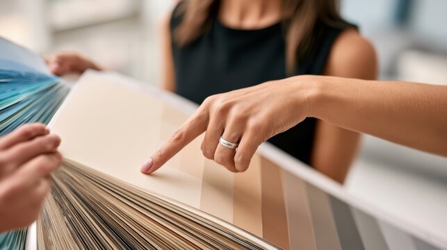 A person points at color swatches while selecting paint samples, with another person assisting in choosing the perfect shade.