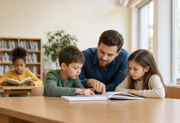 Obraz premium Male teacher helping young children with reading and books in a bright modern school library education