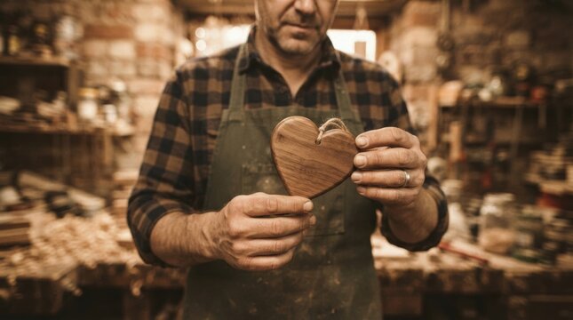 Handcrafted wooden heart pendant by artisan woodworker in workshop