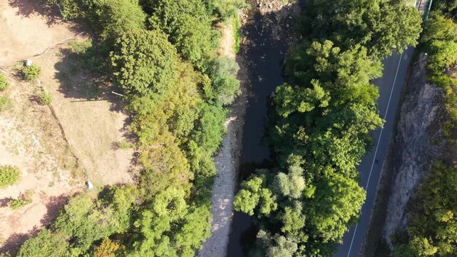 Top Down Aerial View of Miljacka River and Pedestrian Promenade at Dariva