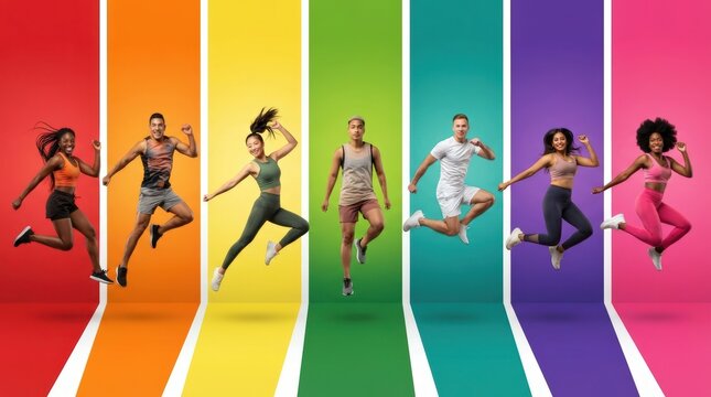 Vibrant stock image of diverse athletes mid-jump against rainbow gradient backdrop, perfect for fitness marketing, motivational posters, and energetic web banners.