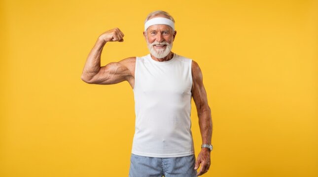 Smiling older man flexing muscle in casual attire, ideal for fitness ads, motivational posters, health campaigns, and lifestyle marketing content with vibrant background.